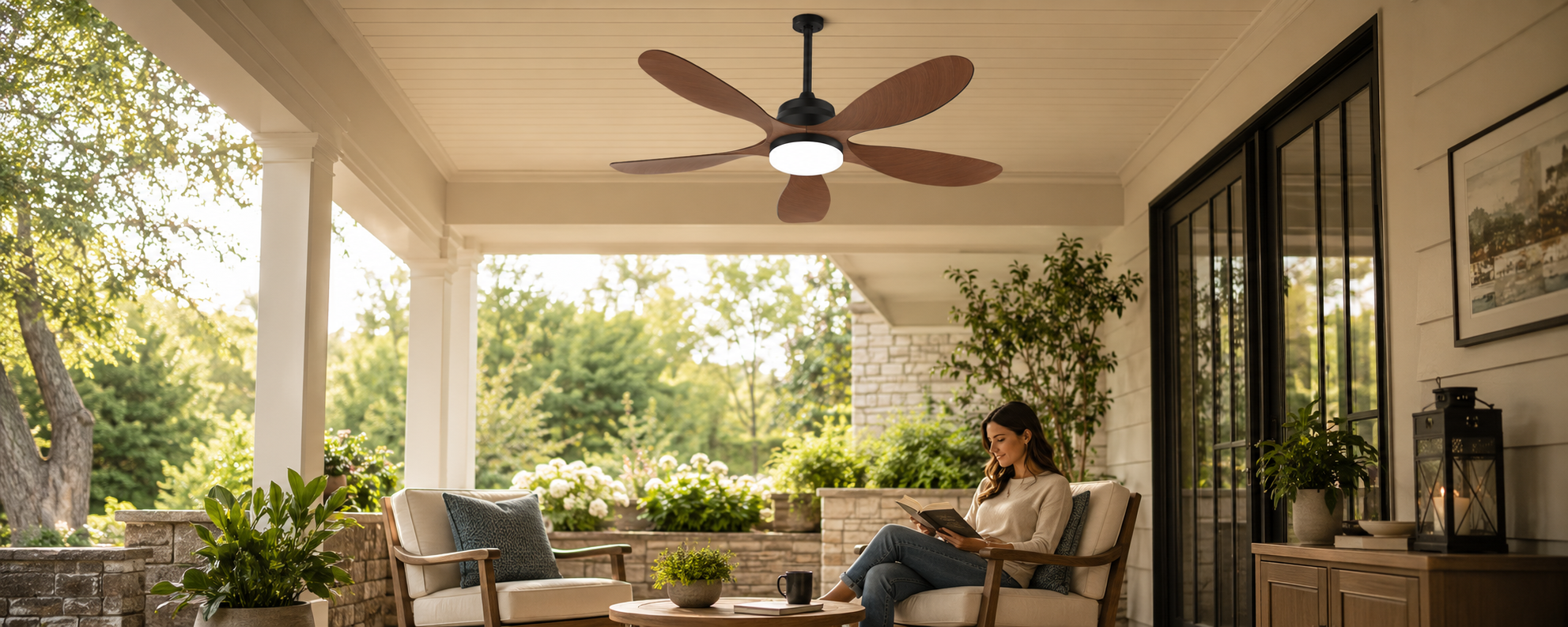 Modern covered deck lounge with ceiling mounted outdoor fan for airflow and lighting