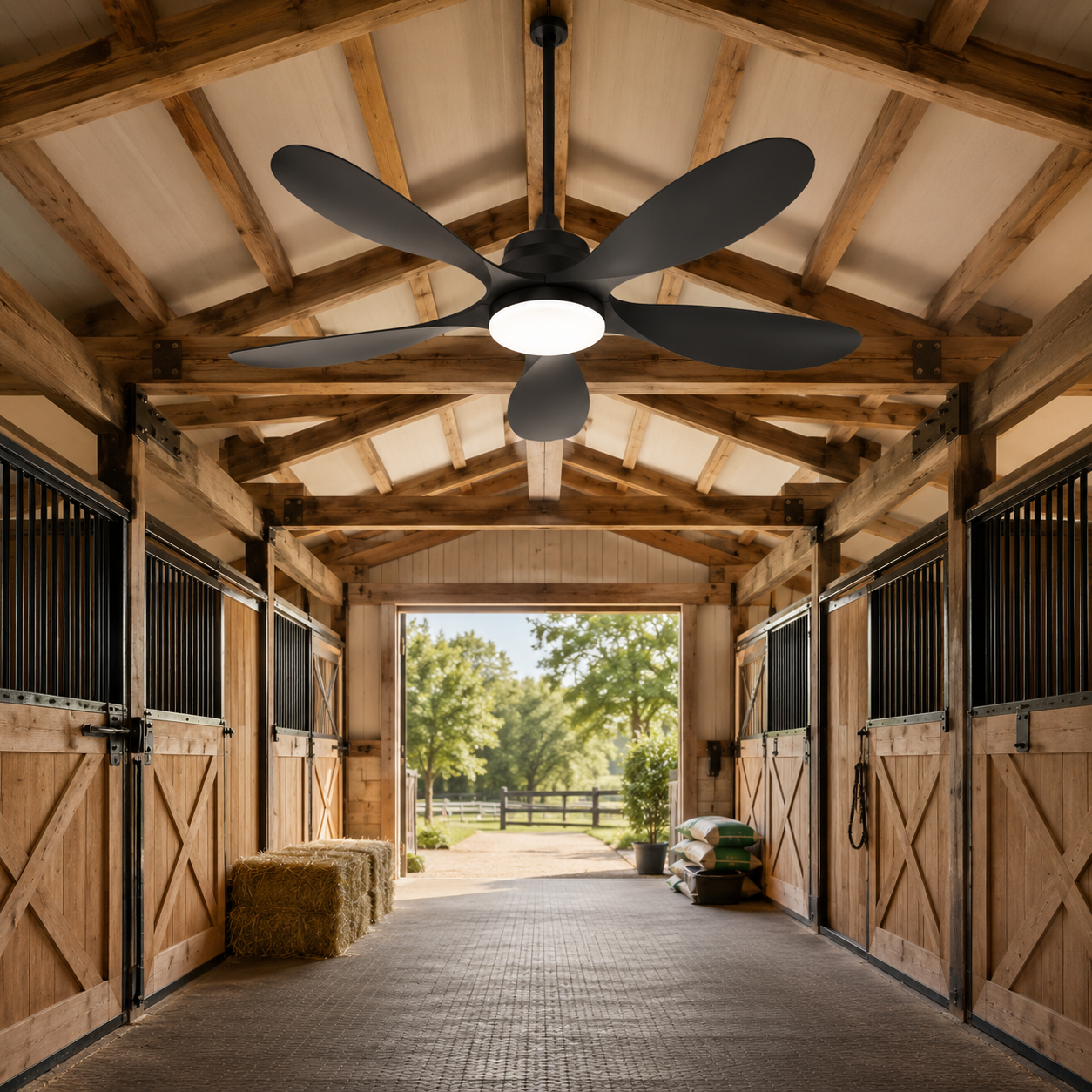solar ceiling fan mounted above stable aisle for airflow