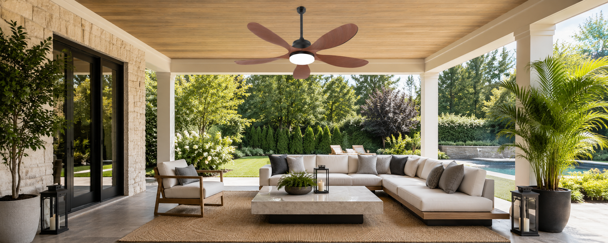 Solar ceiling fan with light installed safely in a workshop shed with enough blade clearance