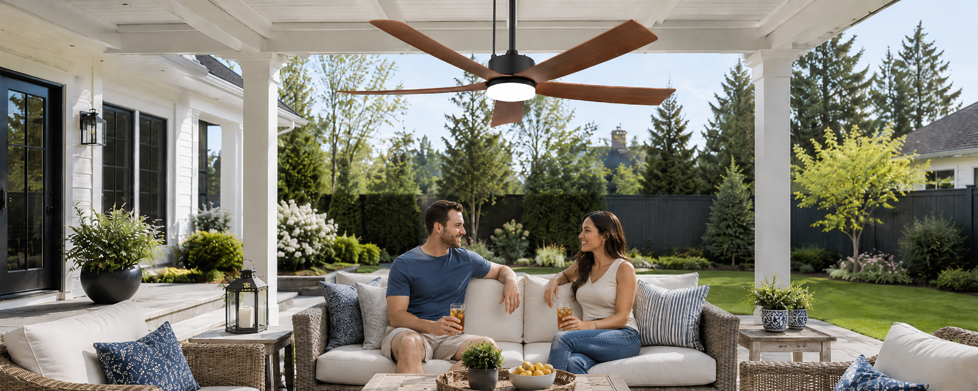 Solar ceiling fan installed in a gazebo with separate solar panel placed in direct sunlight