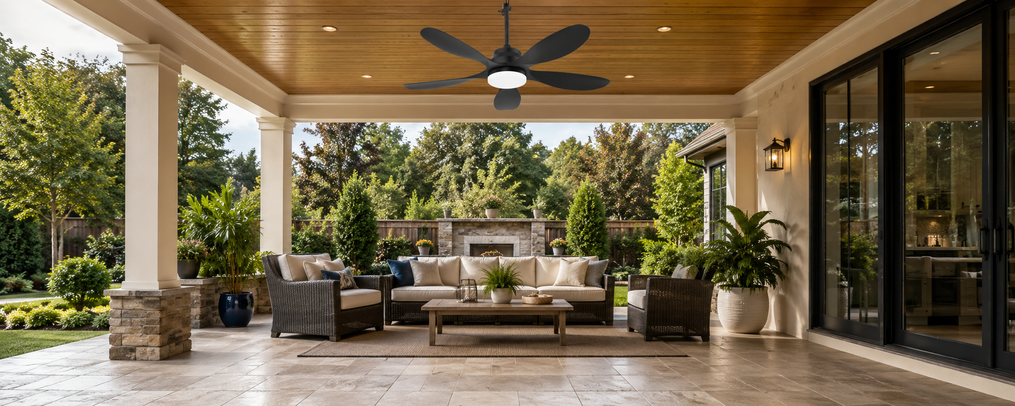 Solar panel mounted on a sunny roof edge to power a ceiling fan under a shaded patio roof