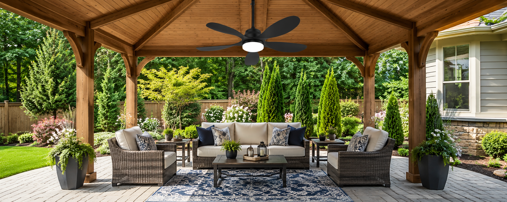 Separate solar panel placement for outdoor ceiling fan no-wiring installation on pergola or gazebo