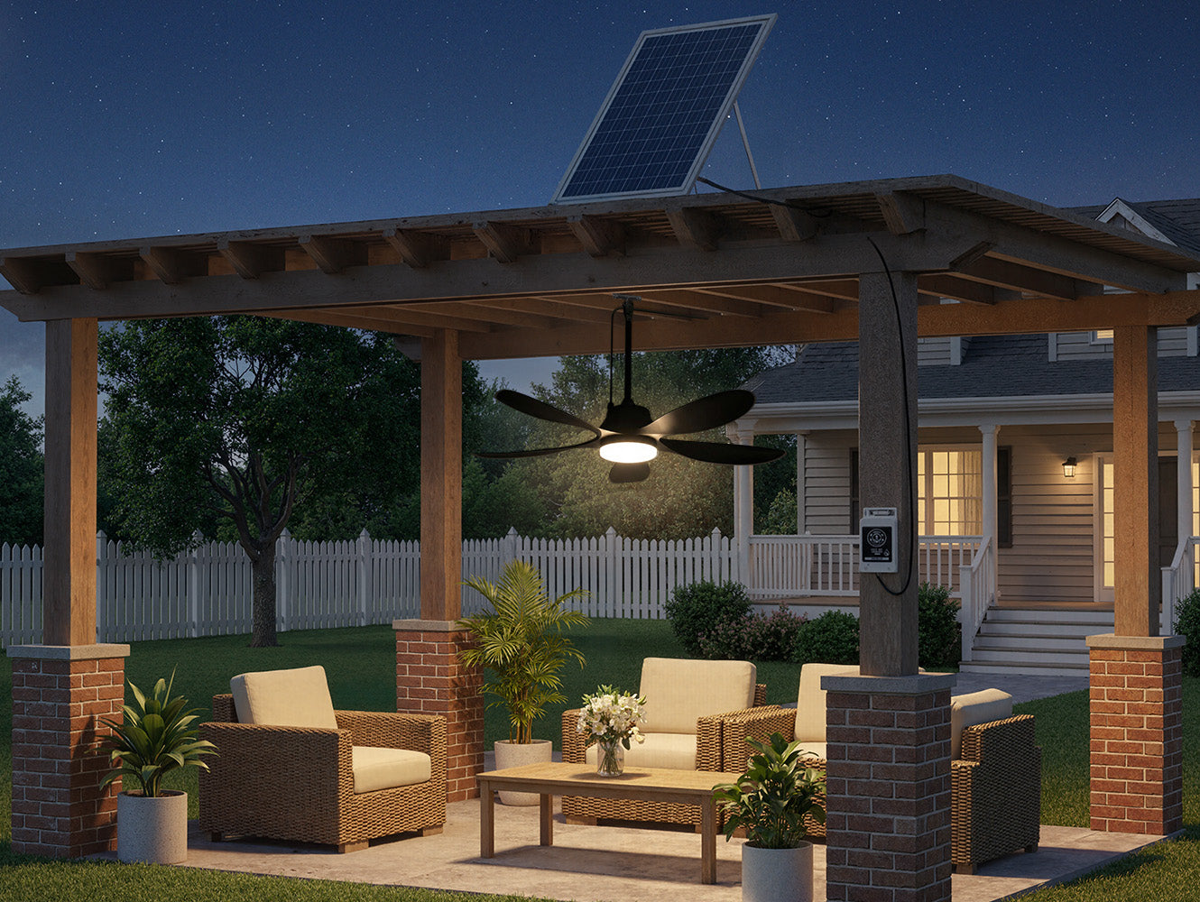 42 inch solar outdoor ceiling fan with light and separate solar panel for pergola