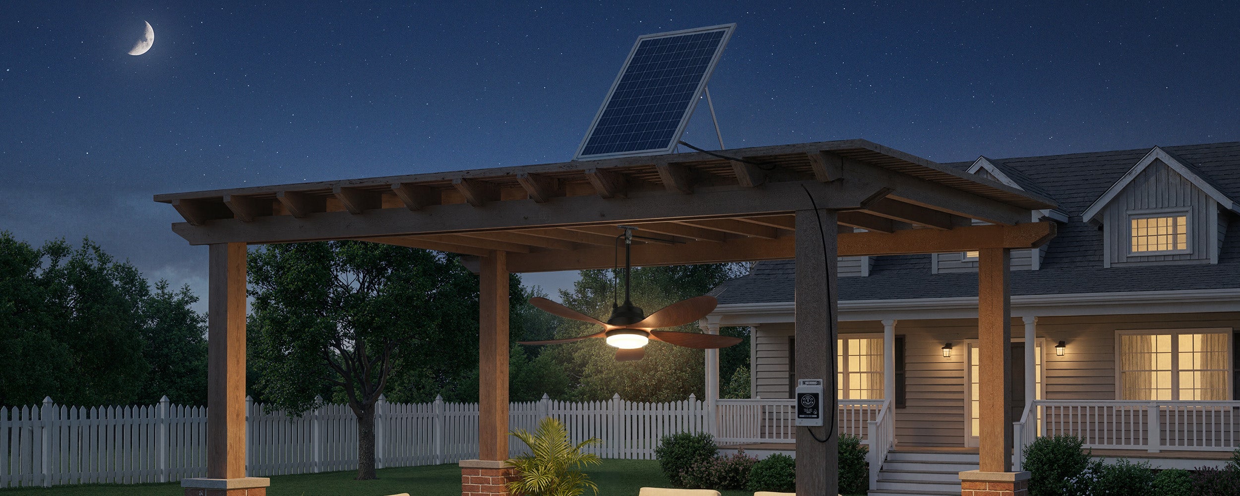 Solar ceiling fan providing airflow for an outdoor patio seating area
