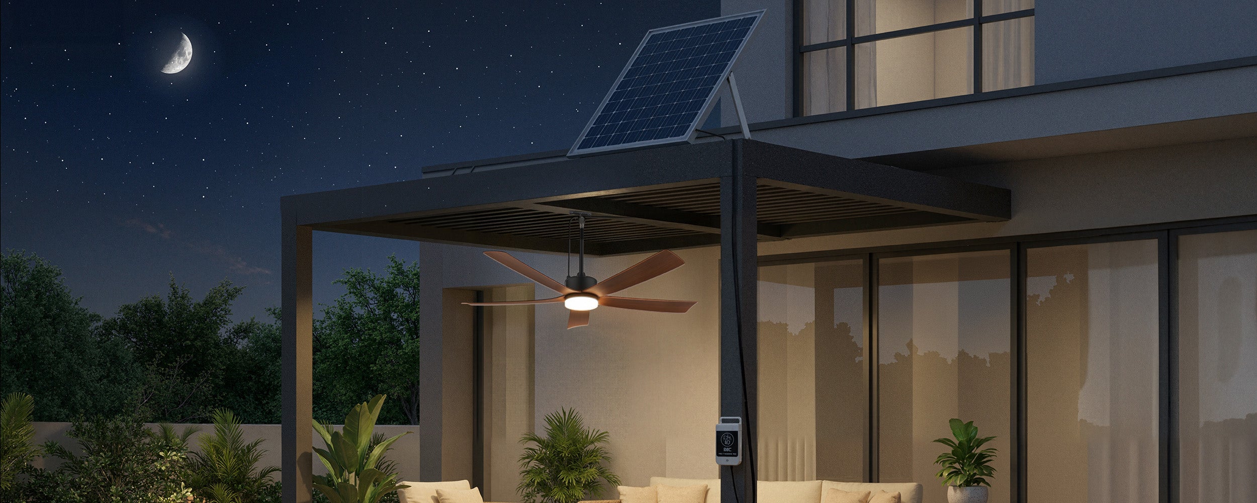 outdoor solar ceiling fan with light running after sunset on a covered patio 