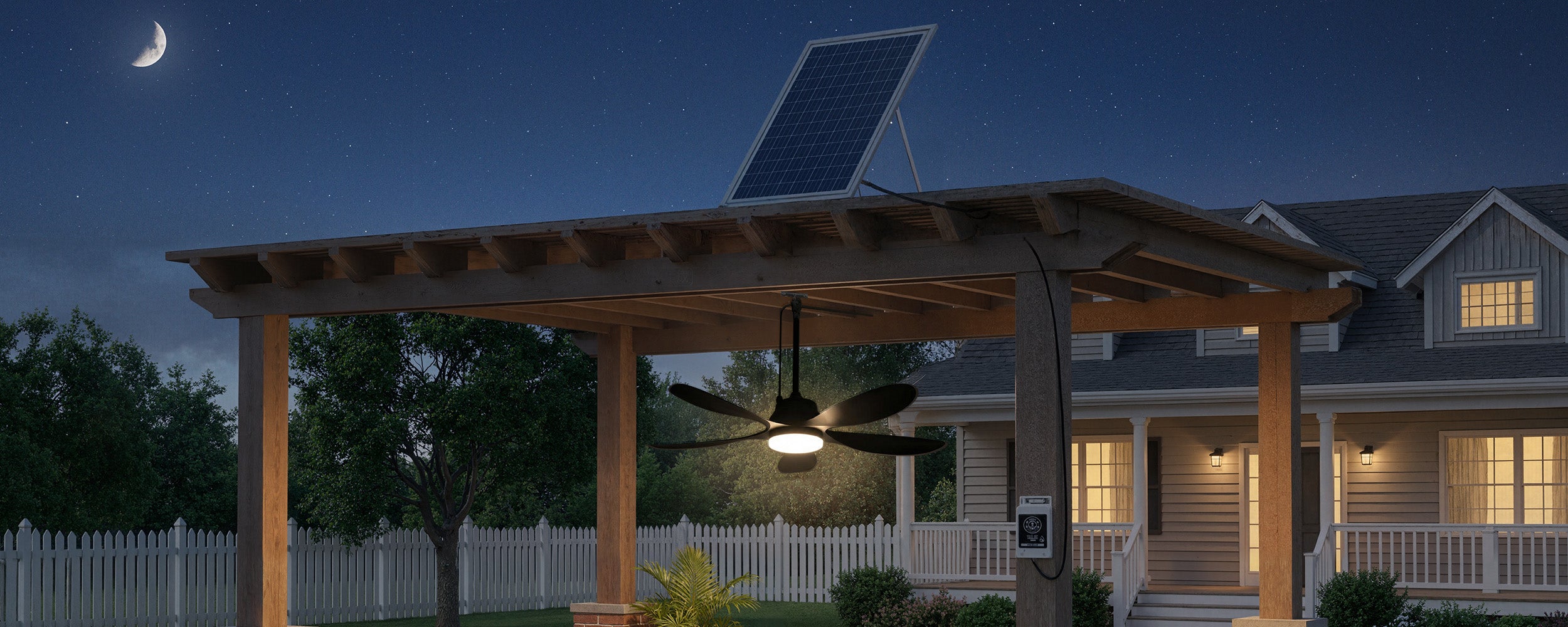 battery-backed solar ceiling fan with light on a covered porch at night