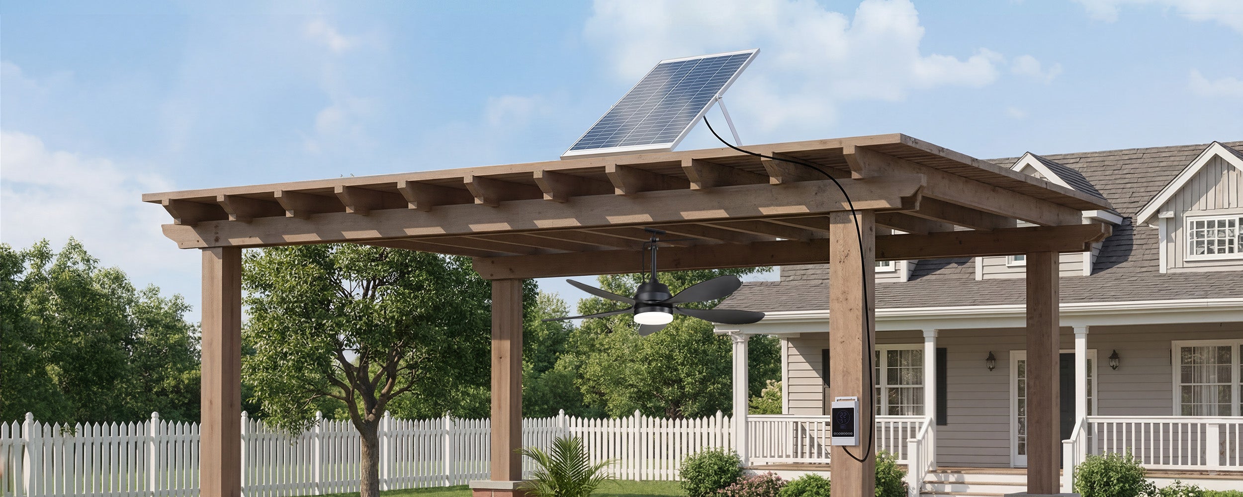 Ventallion solar powered ceiling fan with light for covered outdoor spaces