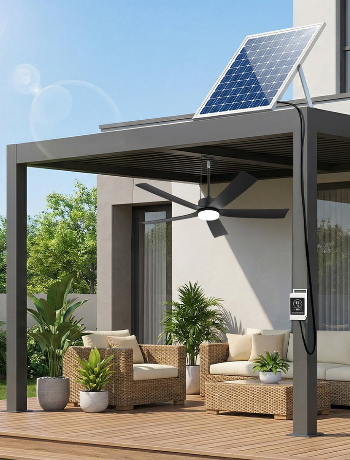 52 inch solar ceiling fan powered by separate solar panel during the day