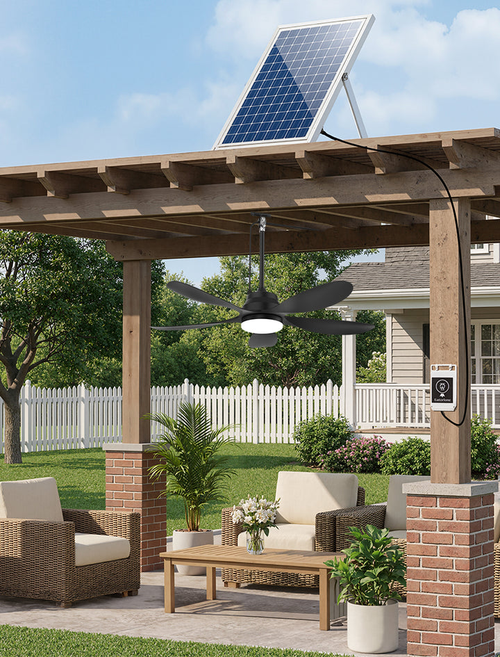 42 inch solar outdoor ceiling fan powered by separate solar panel during the day