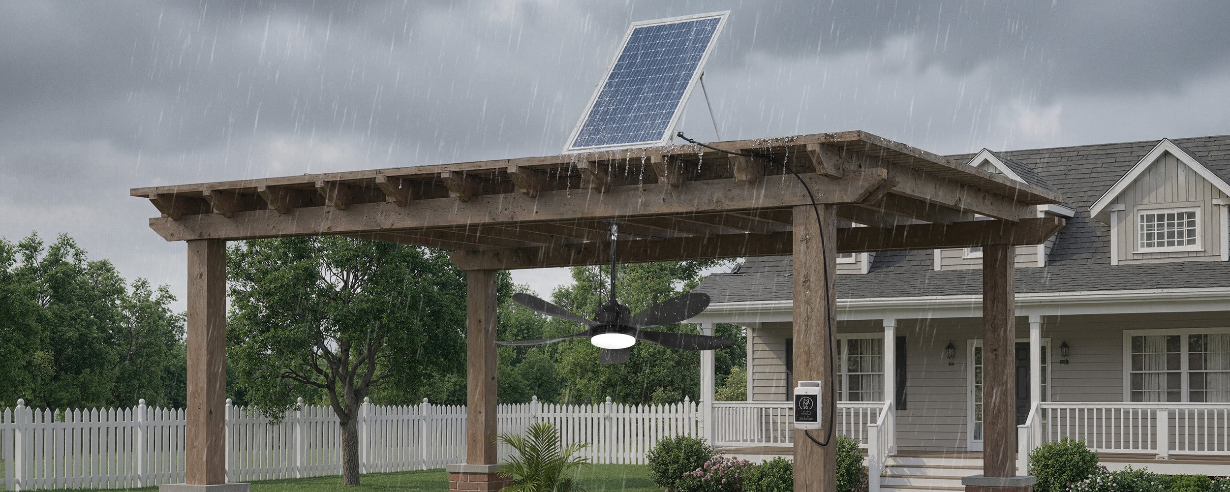 solar panel placement for a covered outdoor ceiling fan setup