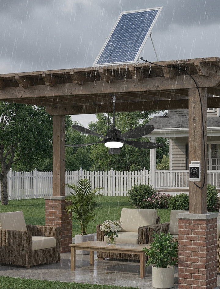 solar outdoor ceiling fan with light and rain resistant performance for covered patios