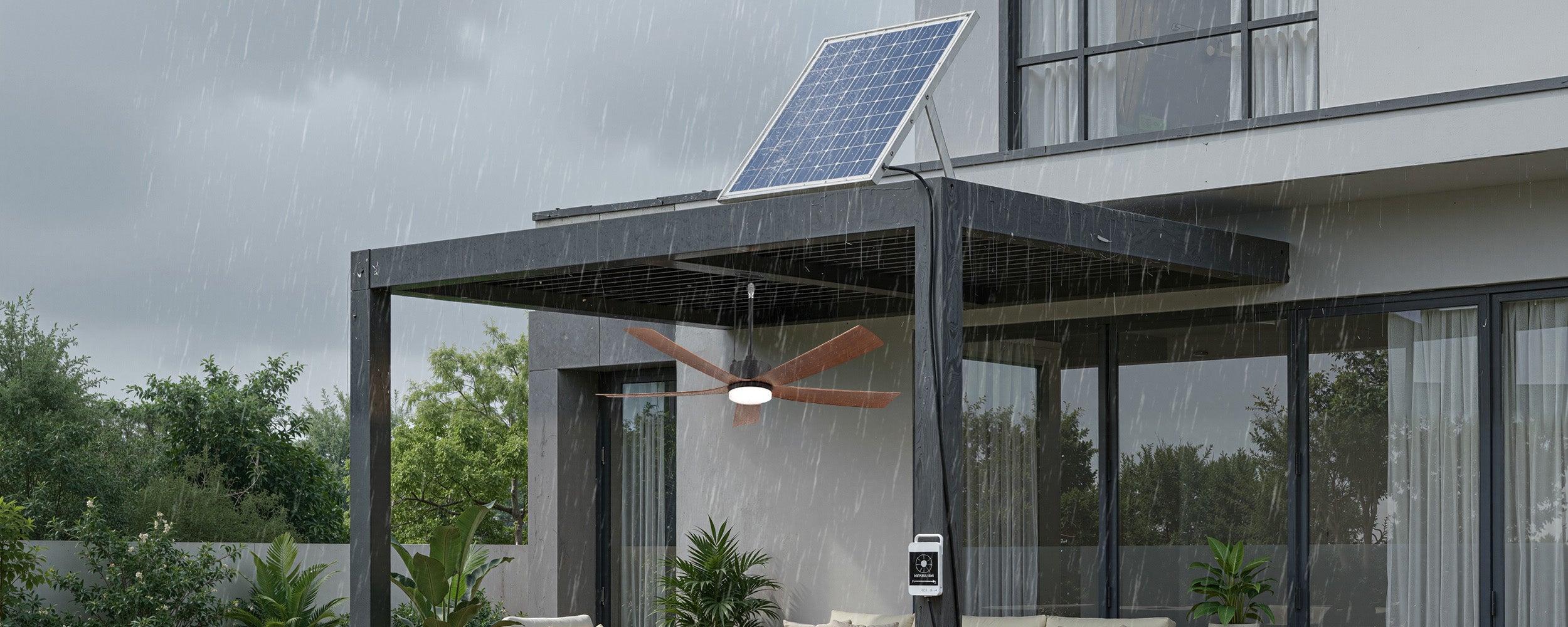 outdoor solar ceiling fan with light on a covered patio during a cloudy rainy day with a roof-mounted solar panel