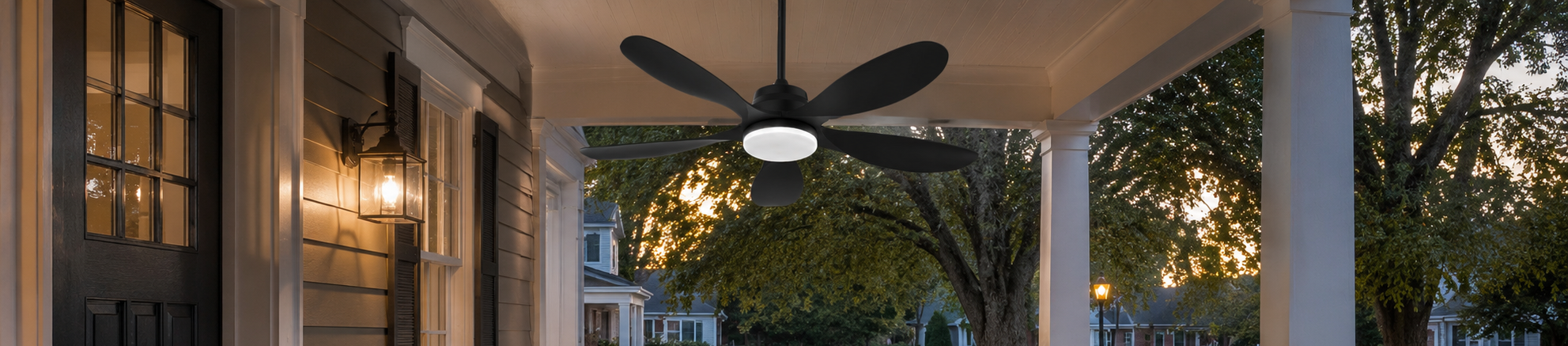solar ceiling fan for covered porch with light above front porch seating