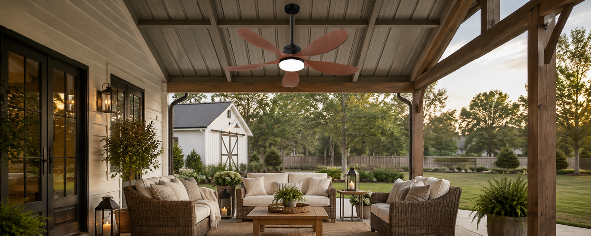 Outdoor ceiling fan mounted to a fixed structural beam in a louvered pergola