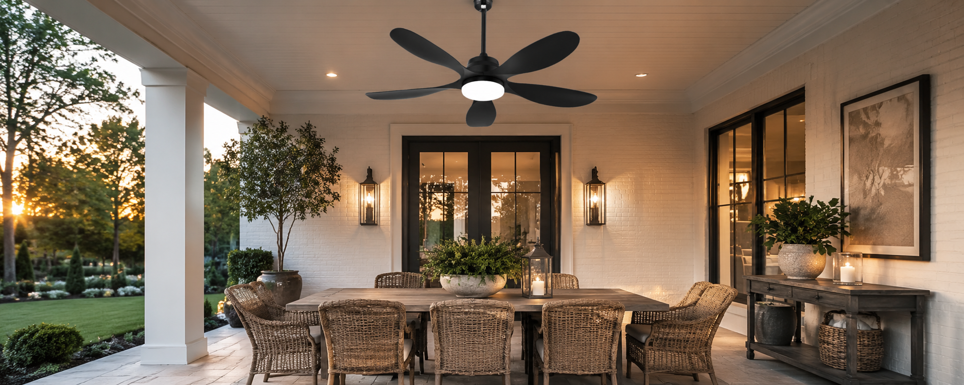 Solar ceiling fan with battery backup and LED light for evening porch dining