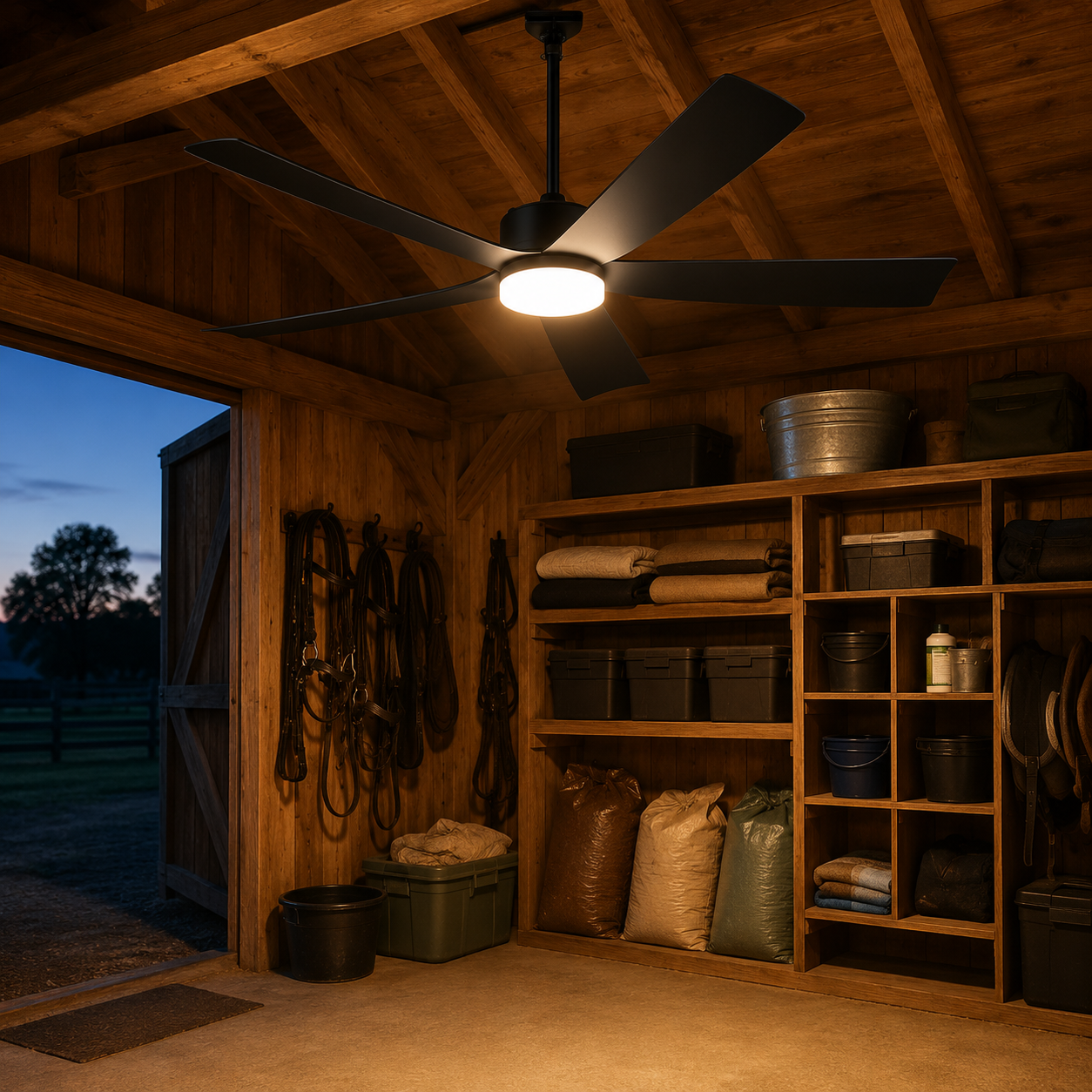 barn ceiling fan with LED light for evening chores
