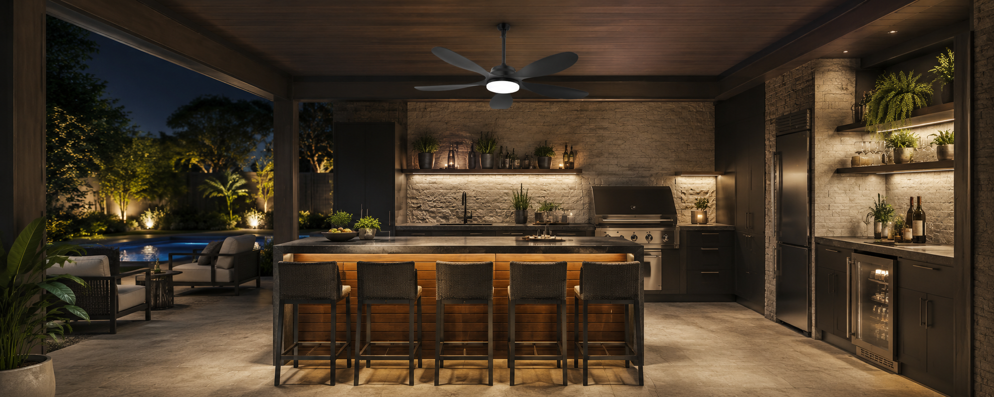 Ventallion solar ceiling-mounted fan with light above a covered gazebo seating area