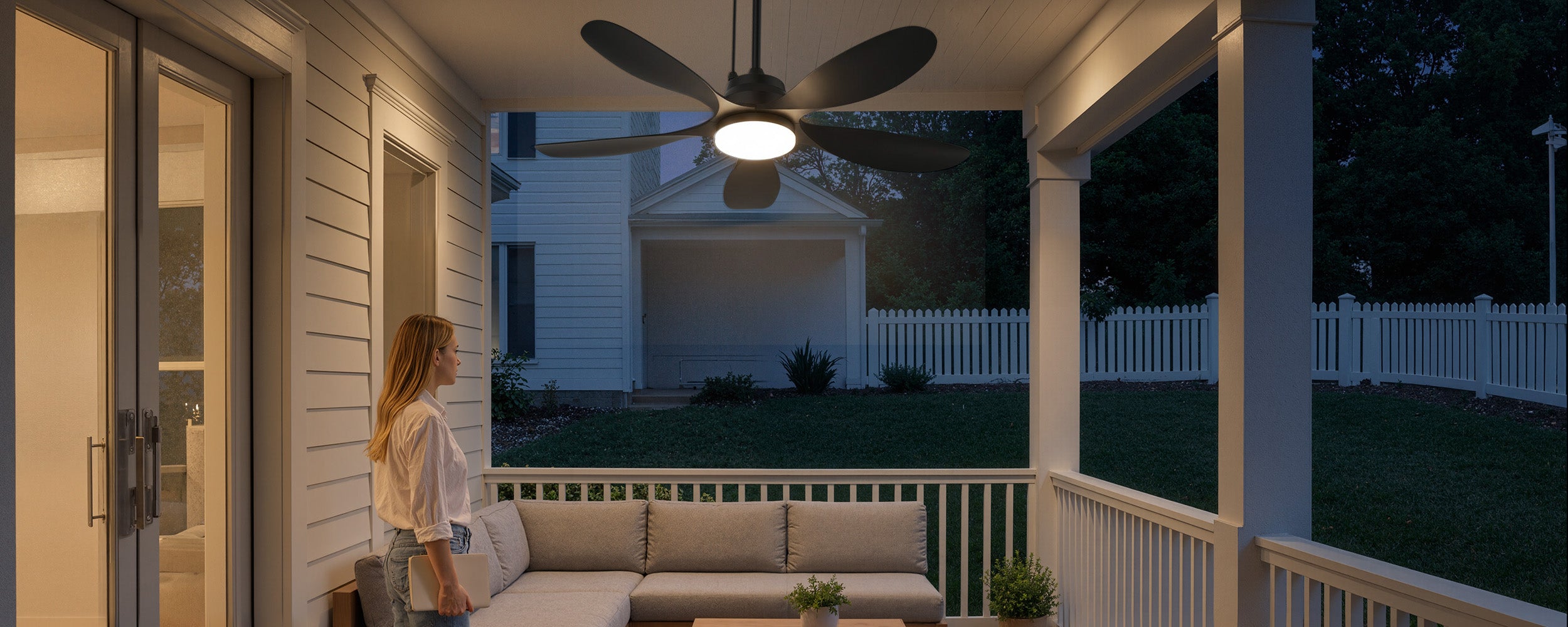 covered porch with solar ceiling fan and light for after-sunset outdoor comfort