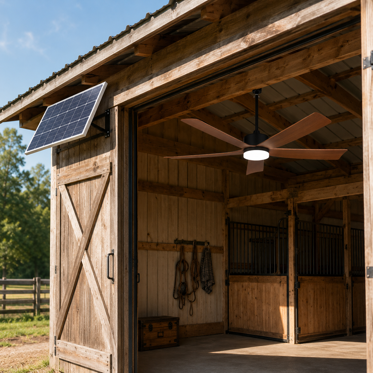 solar barn fan with panel mounted outside for better sunlight