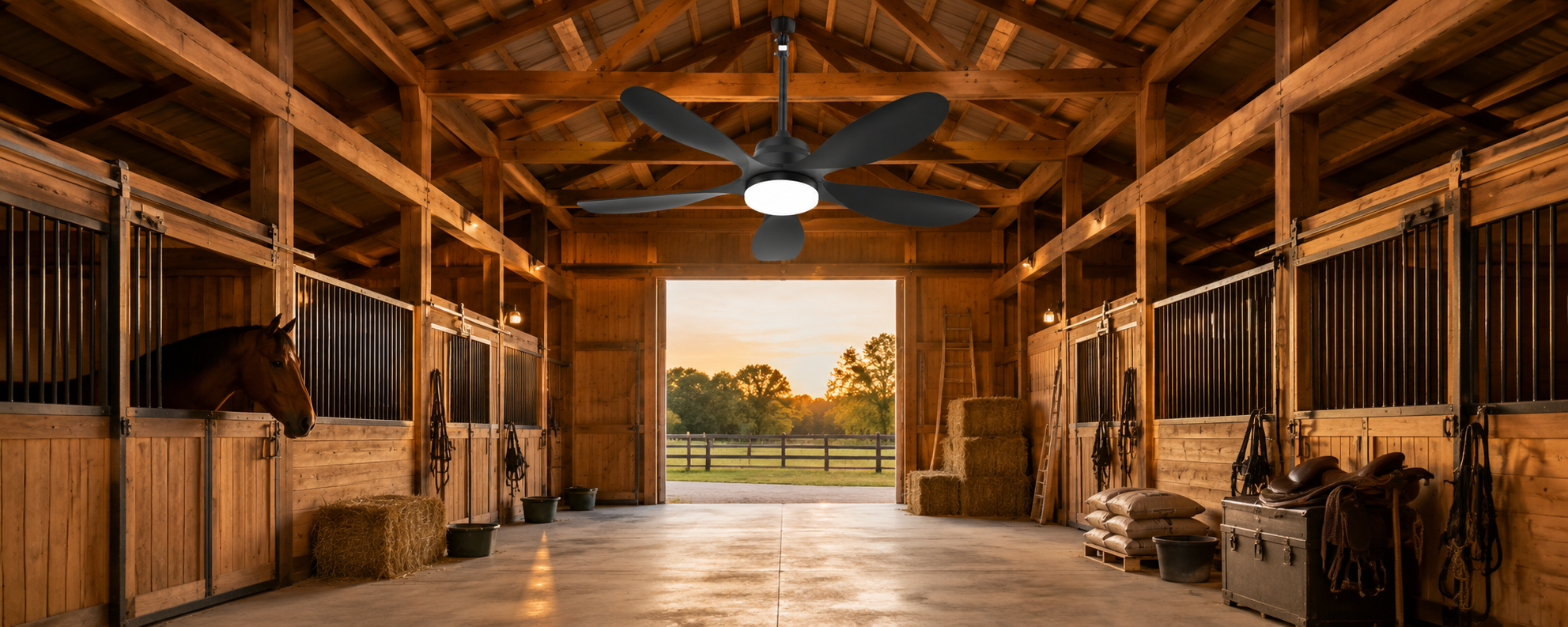 Solar ceiling fan installed under a pergola with the solar panel angled toward stronger sunlight