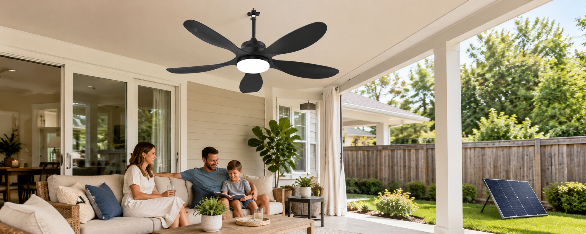 Solar ceiling fan with light installed under a covered gazebo with separate solar panel nearby