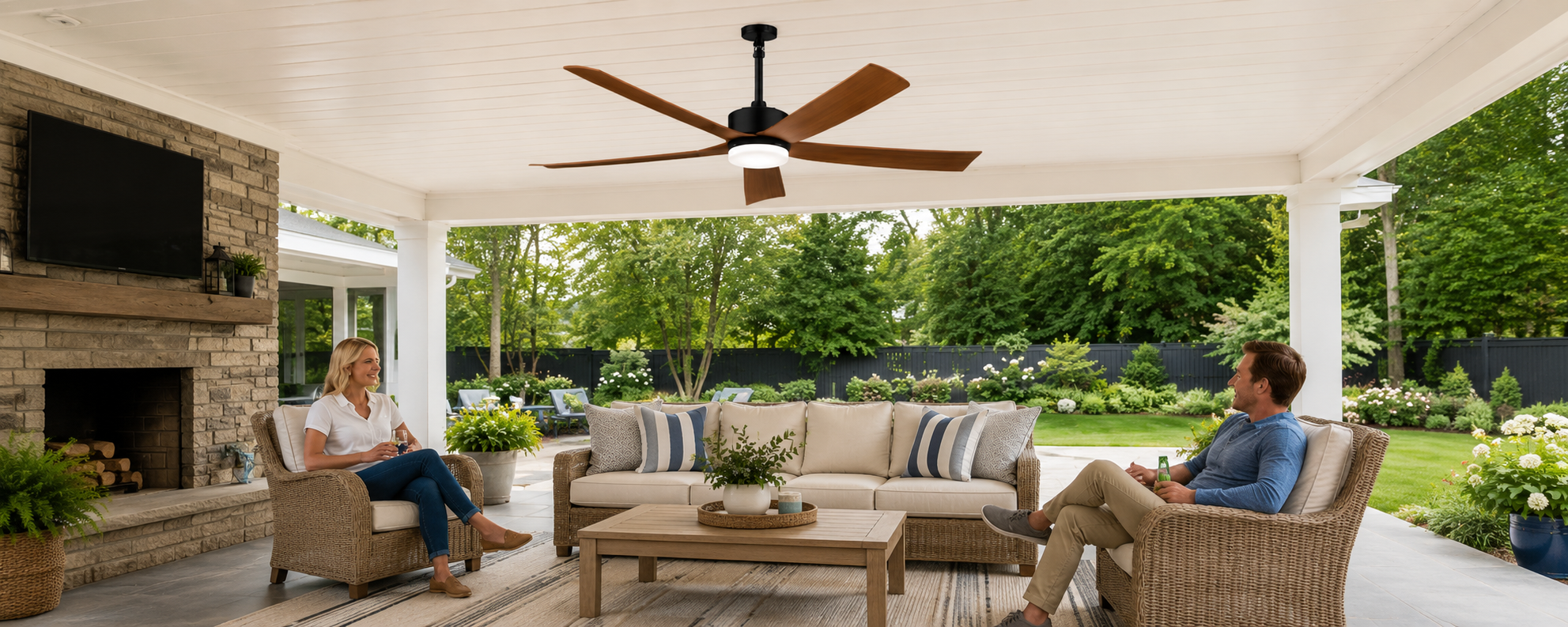 Outdoor solar ceiling fan with light on a covered patio for quiet airflow and evening comfort