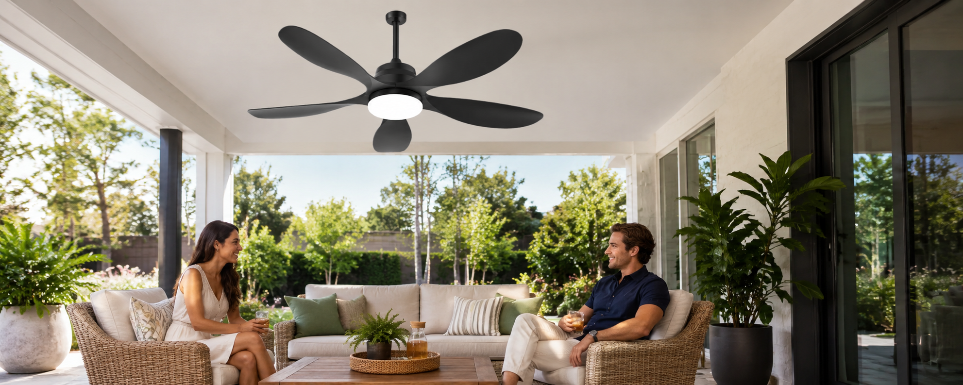 Full-size Ventallion outdoor solar ceiling fan compared with portable Gliztech hanging fan light