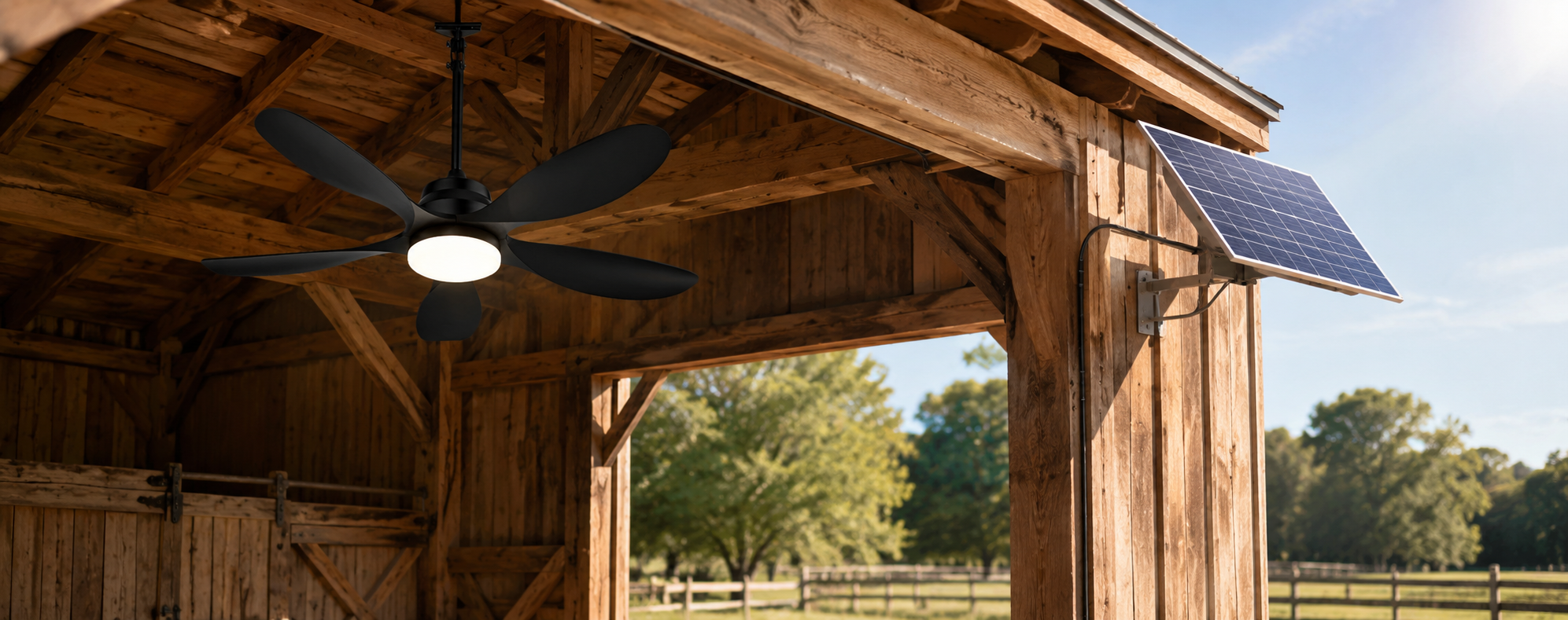 solar ceiling fan under barn roof with solar panel outside in direct sunlight