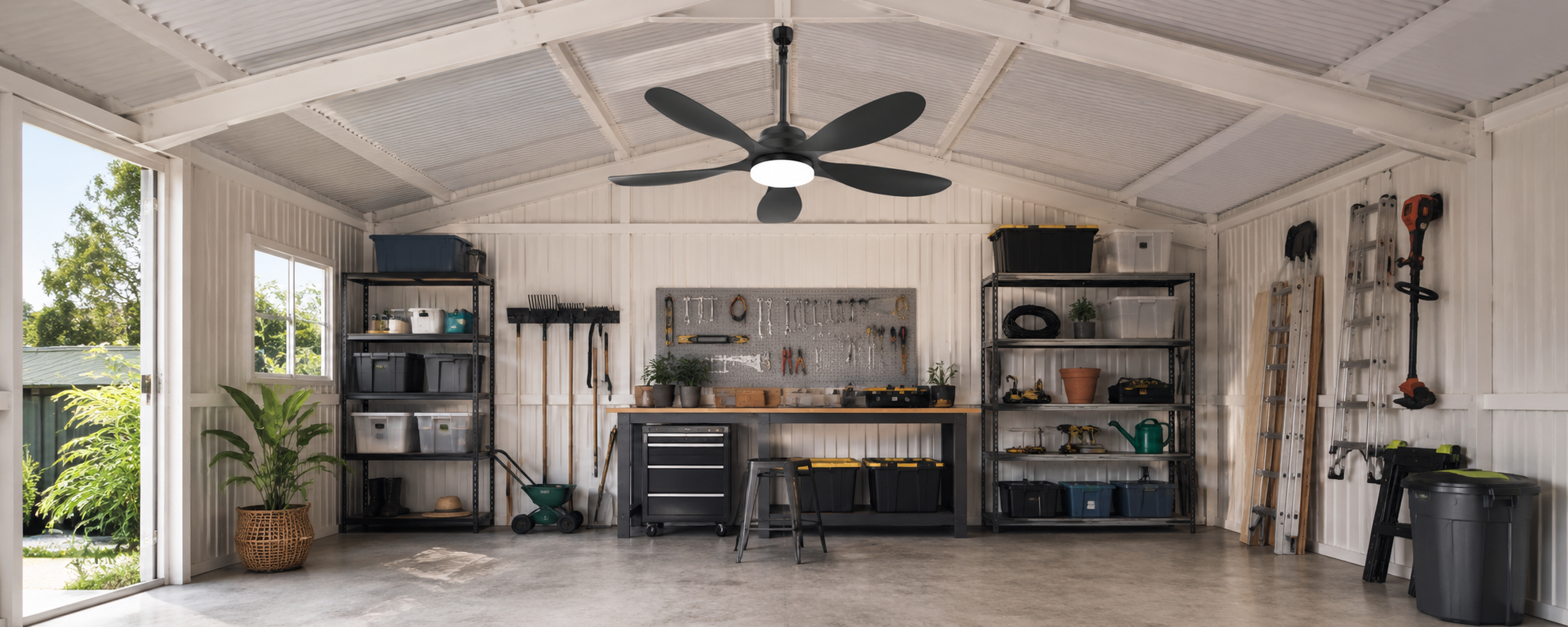 Outdoor solar fan with light installed in a shed workshop for ventilation and basic lighting without wiring