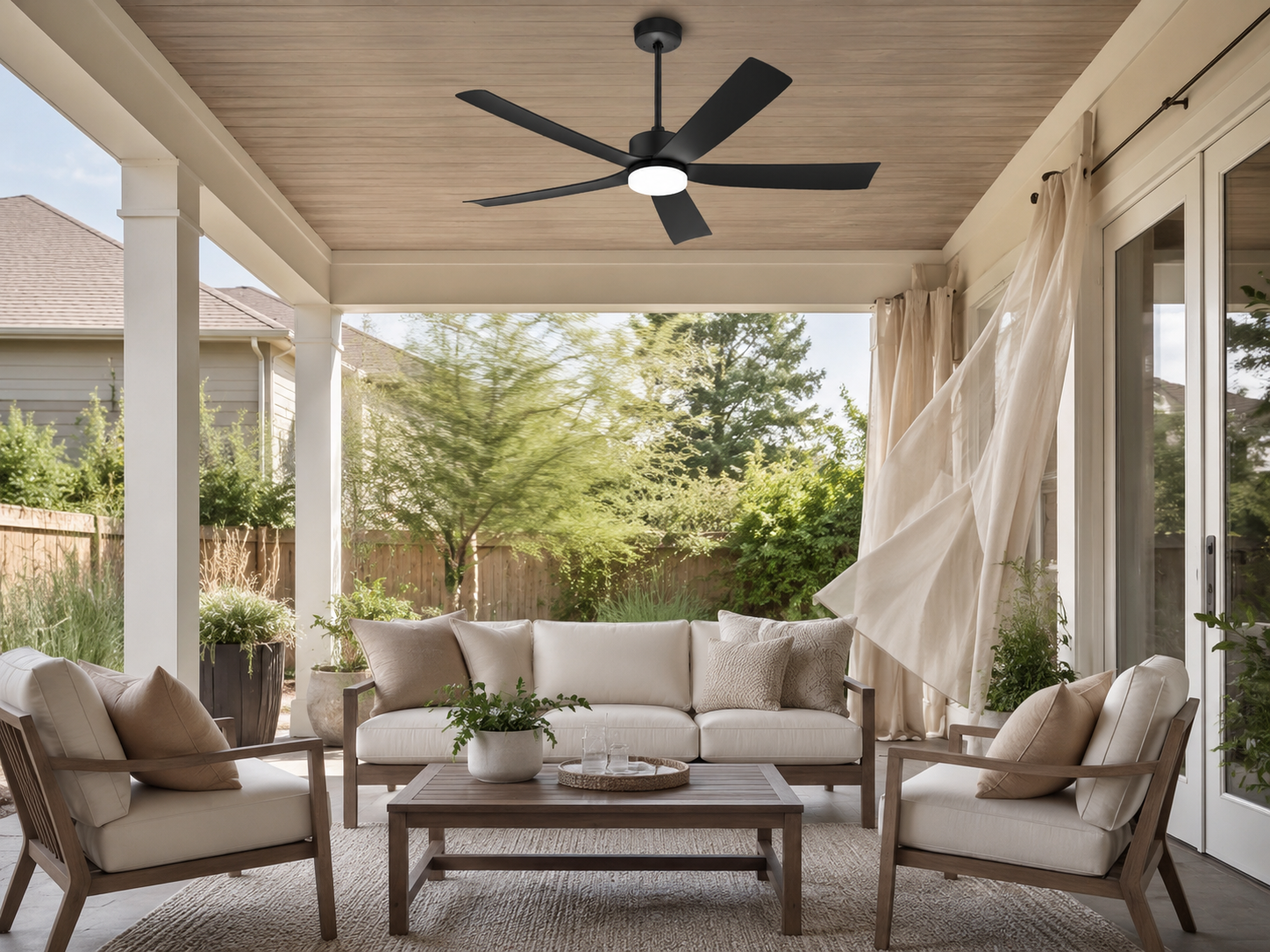 solar ceiling fan for covered patio seating area