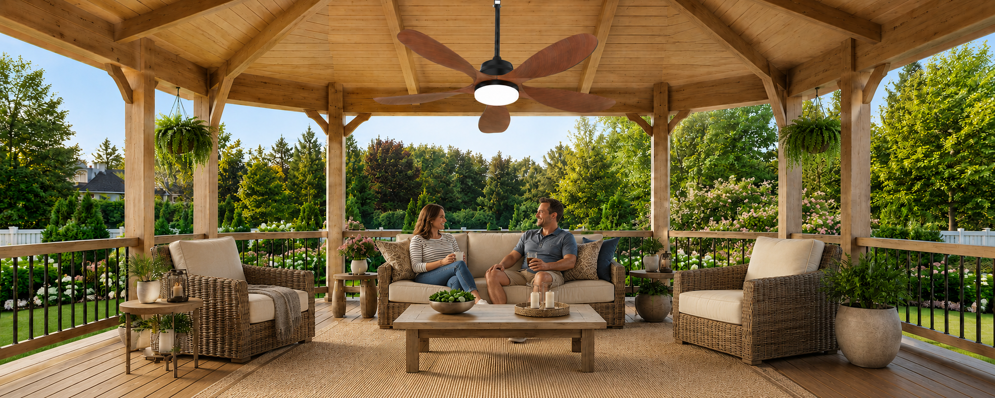solar powered outdoor ceiling fan installed under a covered patio for overhead airflow and evening lighting