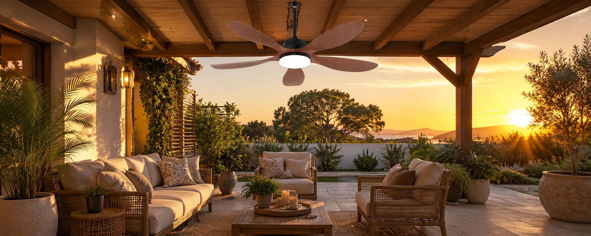 Solar ceiling fan with light cooling a covered pergola at sunset