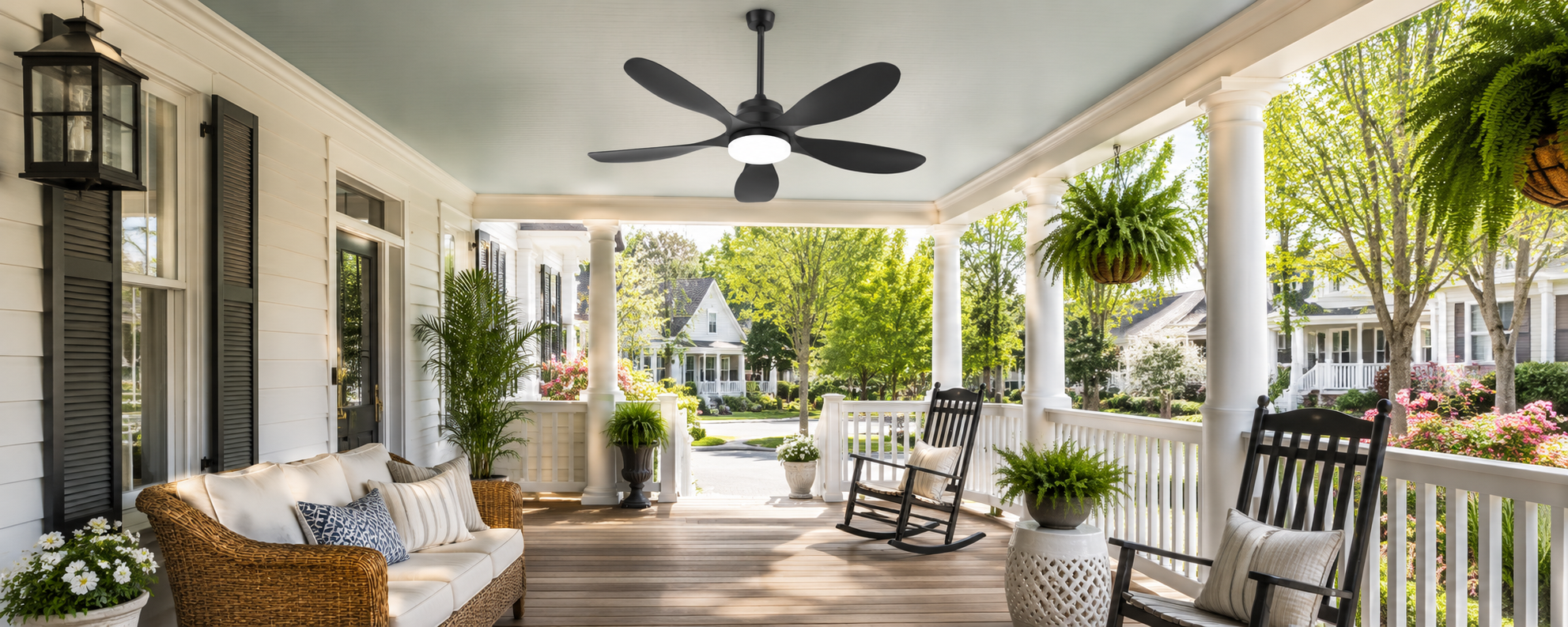Solar ceiling fan with light installed on a covered front porch