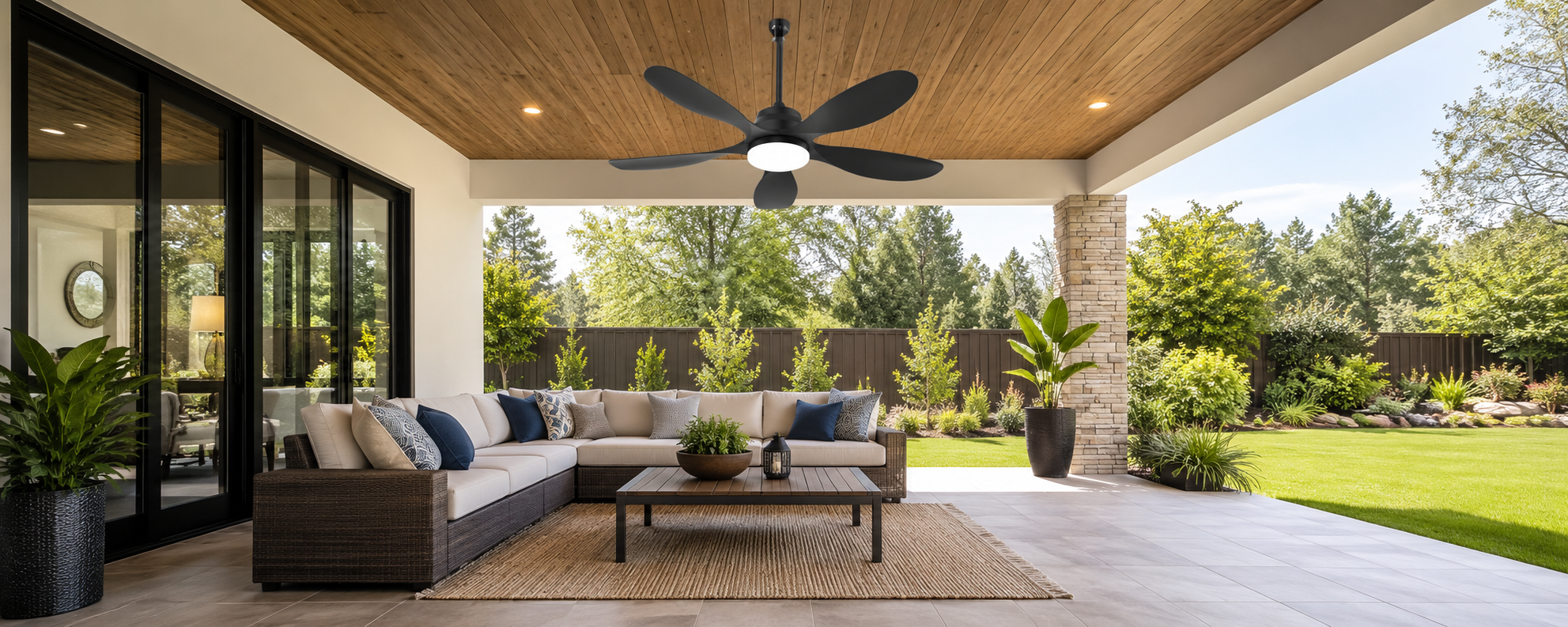 Outside ceiling fan with integrated light over a covered patio lounge area