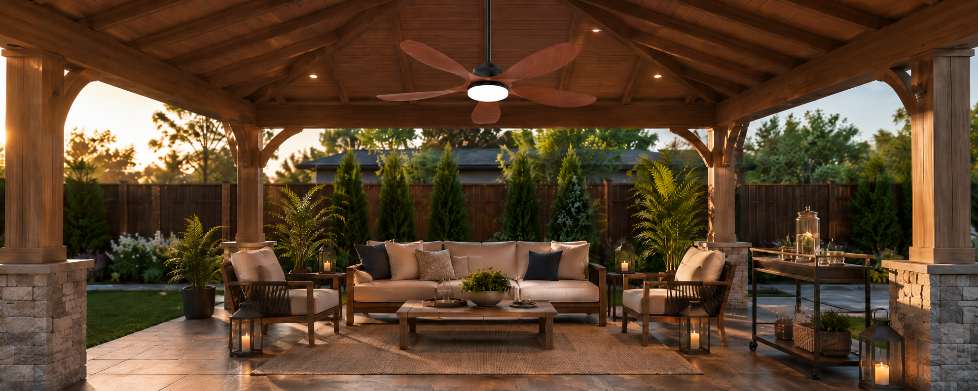 Solar ceiling fan with built-in light illuminating a backyard pavilion at night
