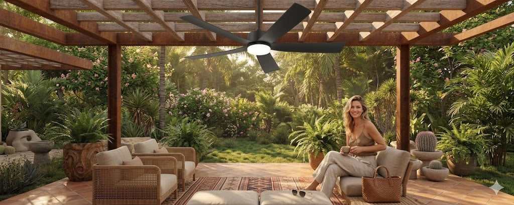Solar ceiling fan with light installed in a covered pergola for outdoor comfort