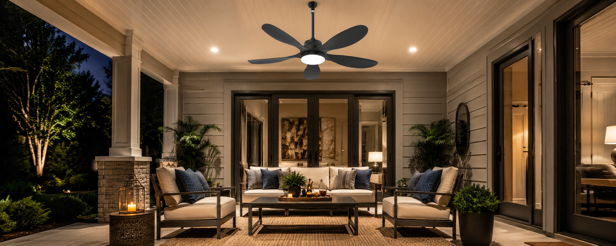 42-inch solar ceiling fan with light installed over a 12 × 12 ft pergola seating area