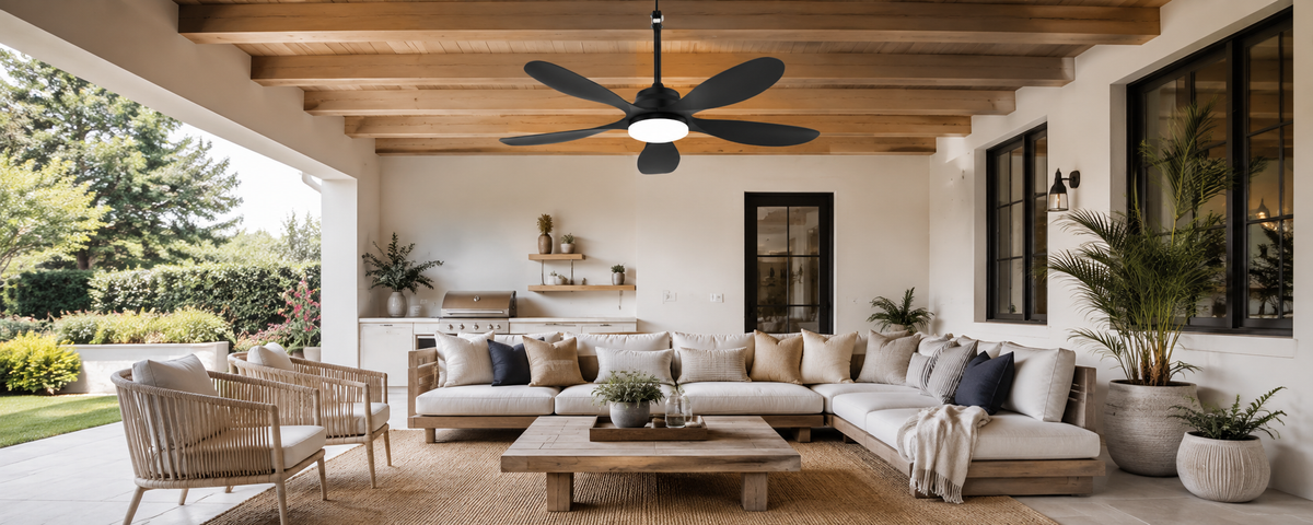 Solar panel placed in direct sunlight while the ceiling fan stays shaded under a pergola