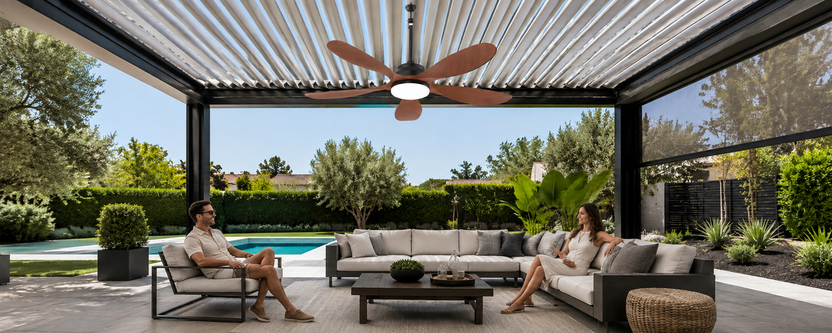 Solar ceiling fan mounting under a louvered pergola with clearance from adjustable roof slats