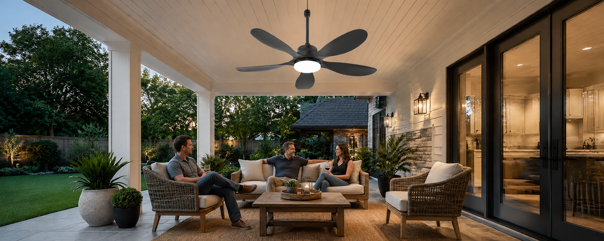 Battery-backed solar ceiling fan with separate solar panel on a pergola