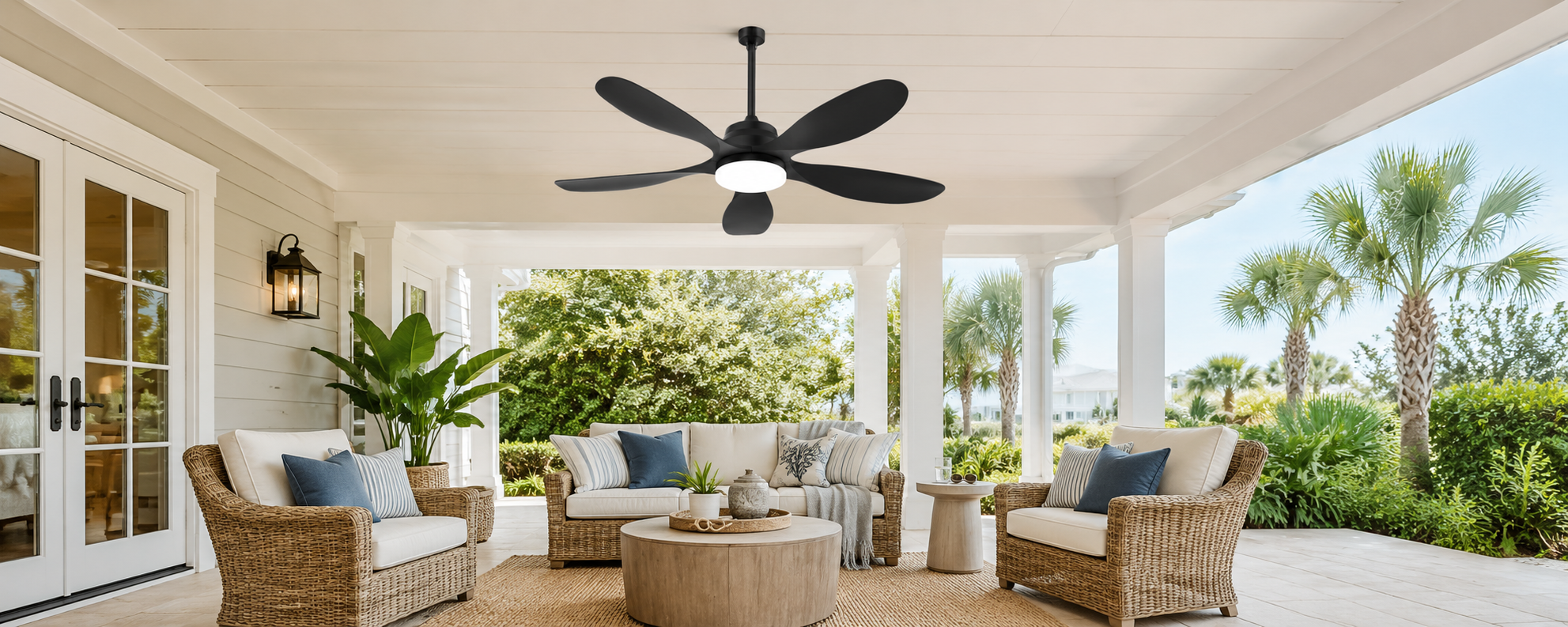 Solar panel mounted on a sunny pergola roof while the solar ceiling fan stays shaded below