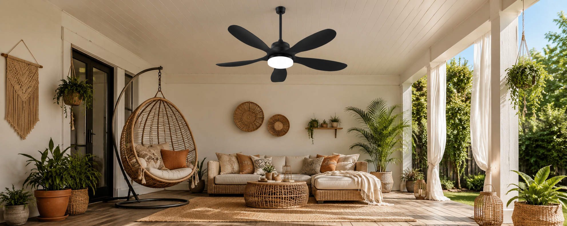 5-meter cable routed along pergola beams between the solar panel and solar ceiling fan