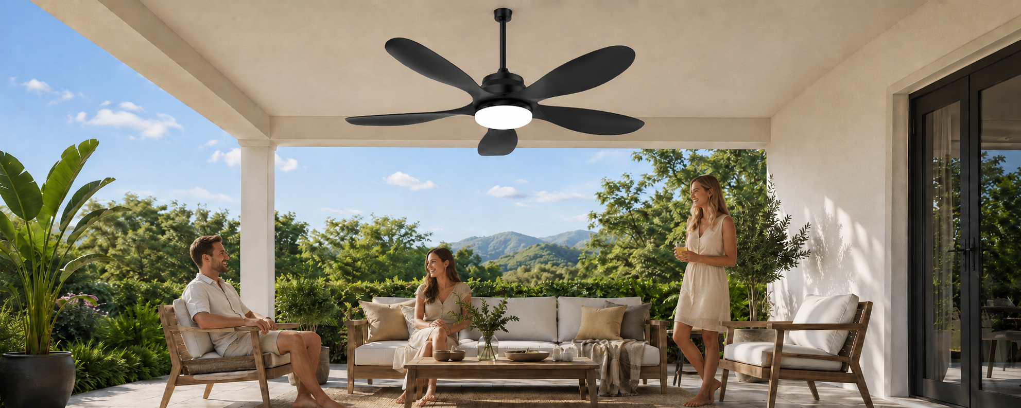 Ventallion solar ceiling fan with light centered above a covered pergola dining table