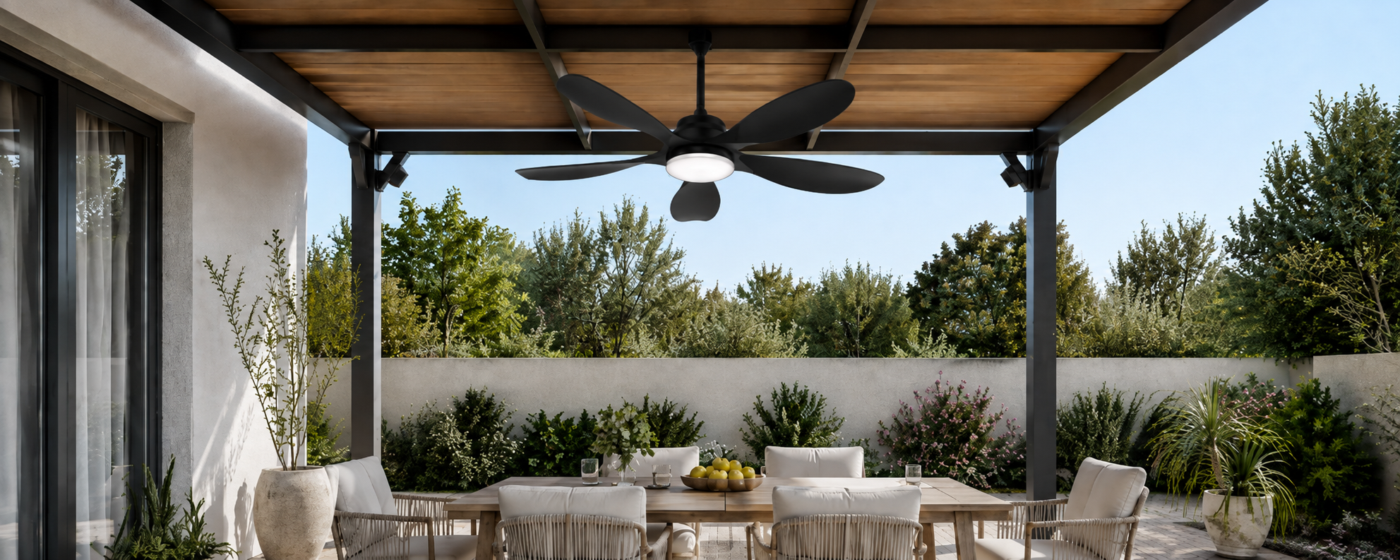 42-inch solar ceiling fan for a 12×12 pergola dining area with four- to six-seat table