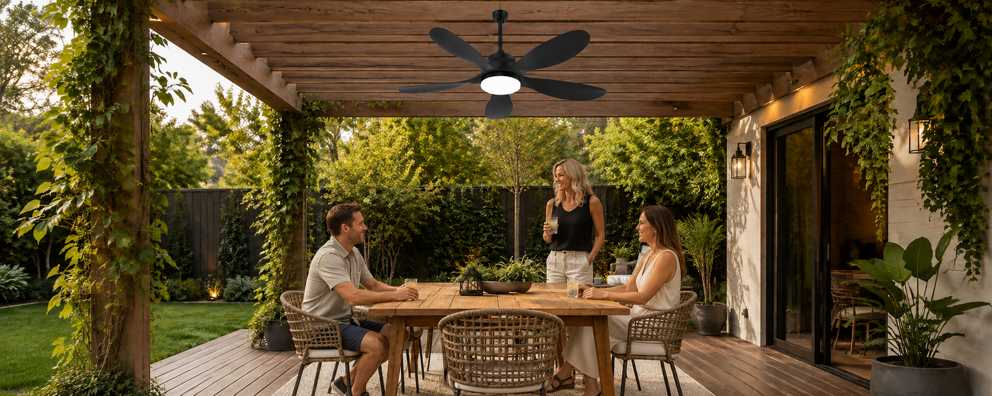 Solar ceiling-mounted fan with light above a clean covered patio seating area