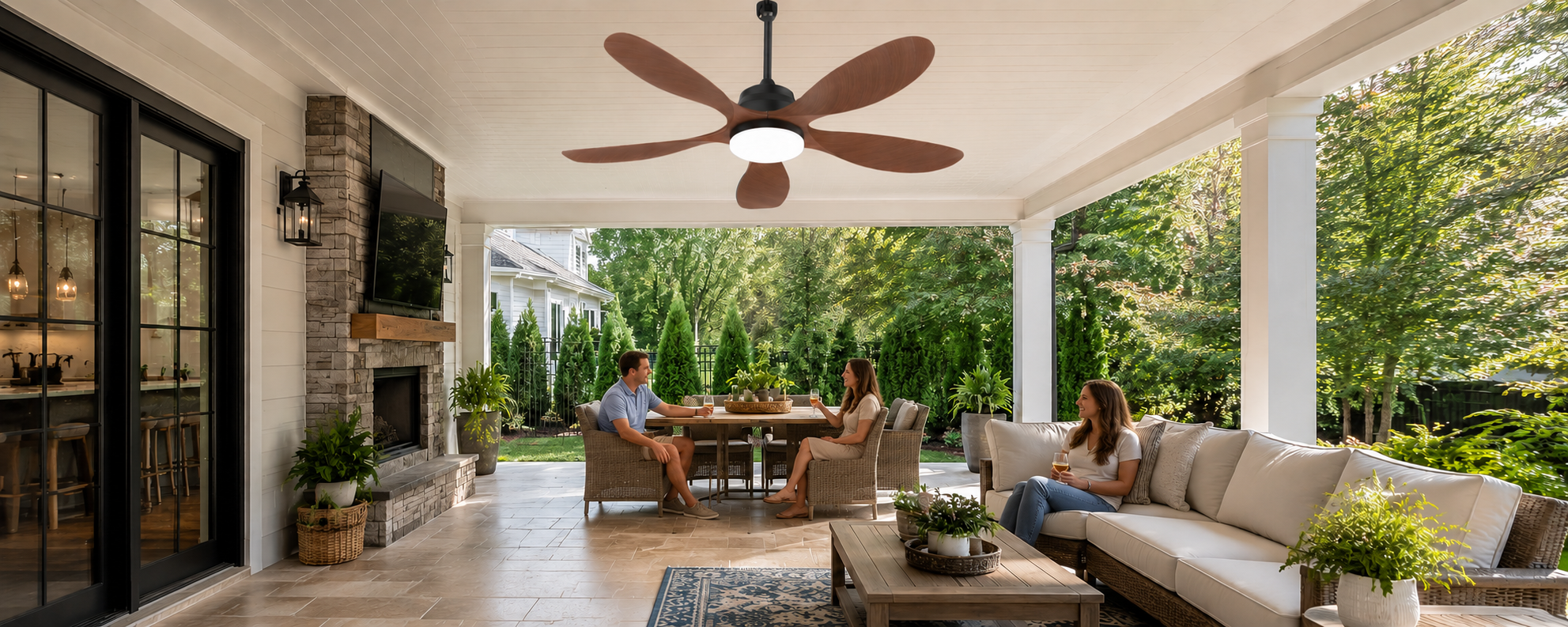 Solar ceiling fan for gazebo with light and battery backup in a covered outdoor space