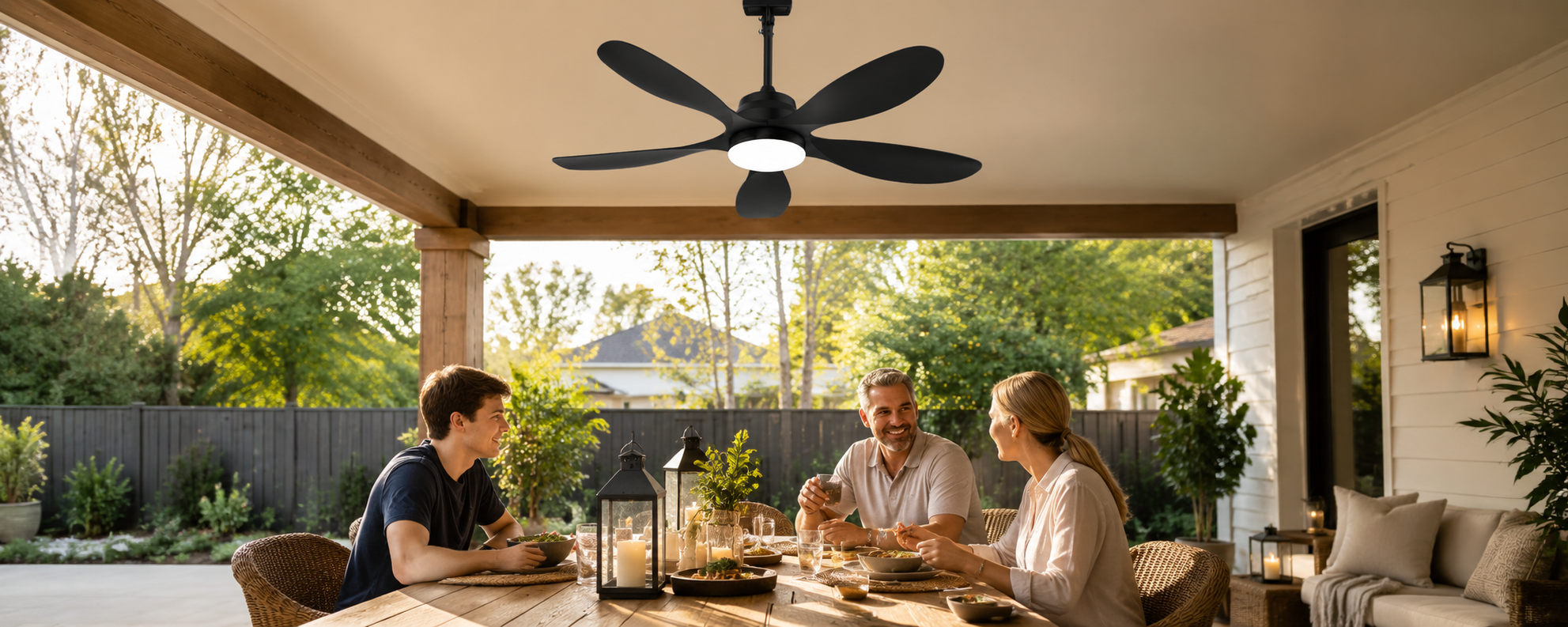 Solar ceiling fan with light and battery on a covered deck with outdoor seating area