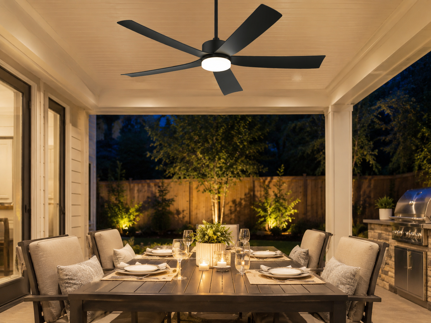 covered patio fan with light for outdoor dining