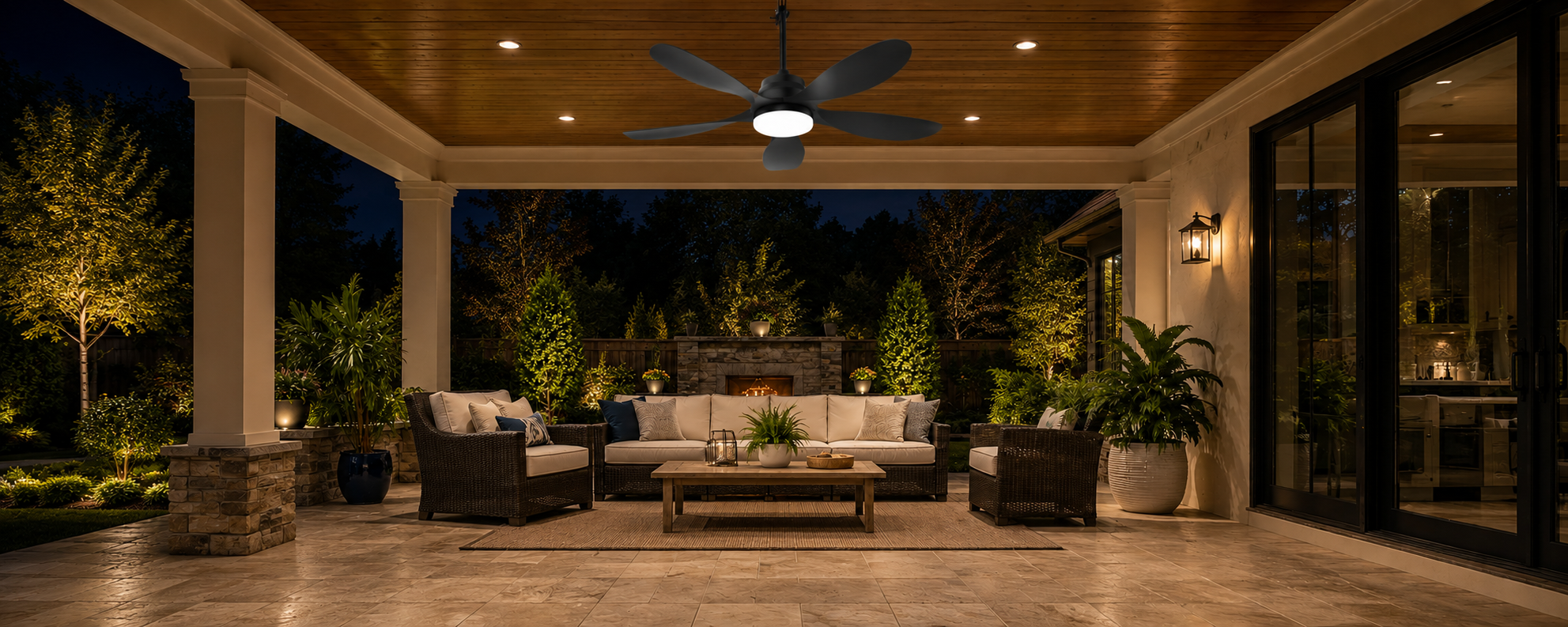 Solar ceiling fan with light on a covered patio for evening meals and backyard gatherings