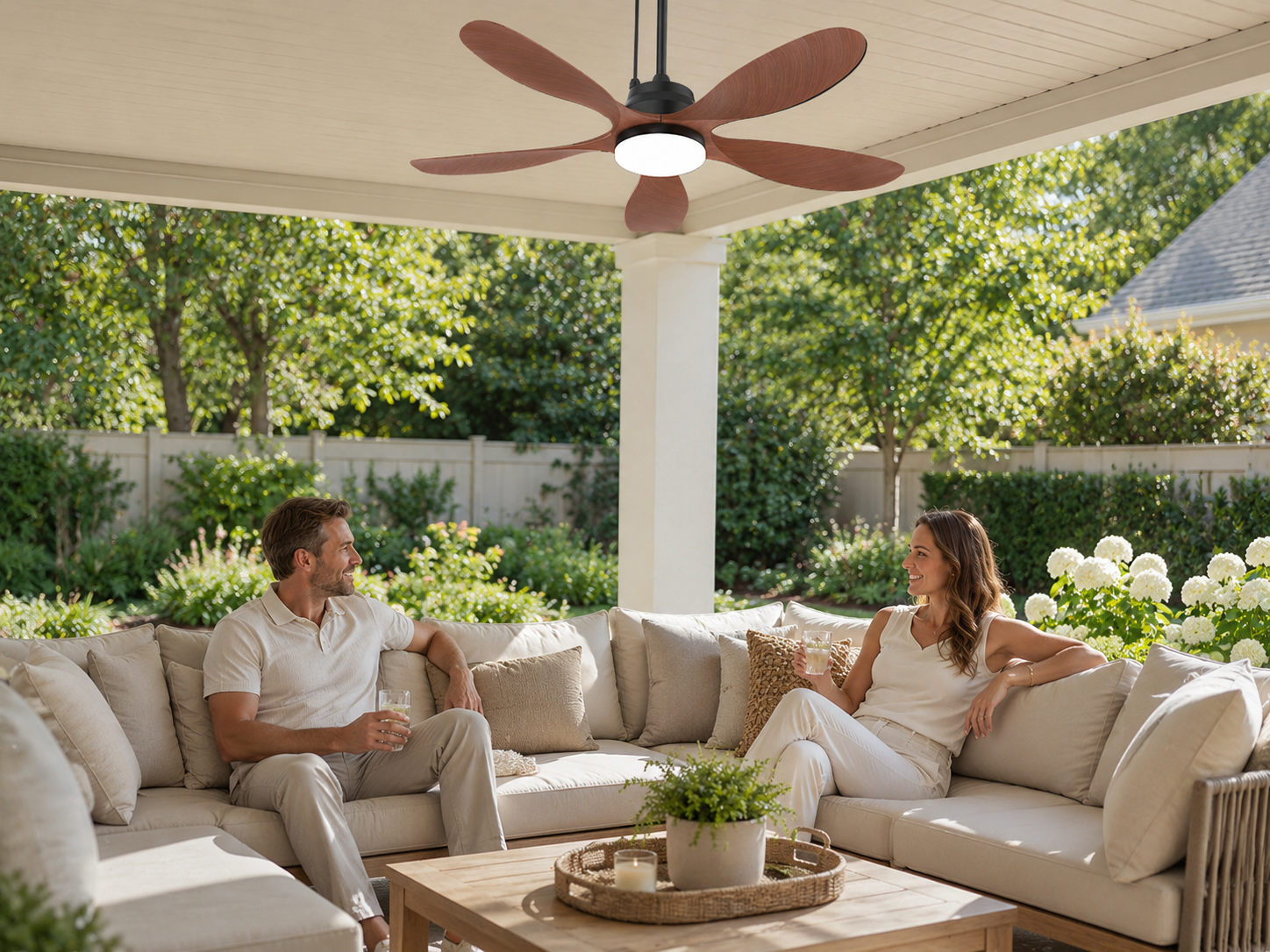 solar ceiling fan for covered patio seating area